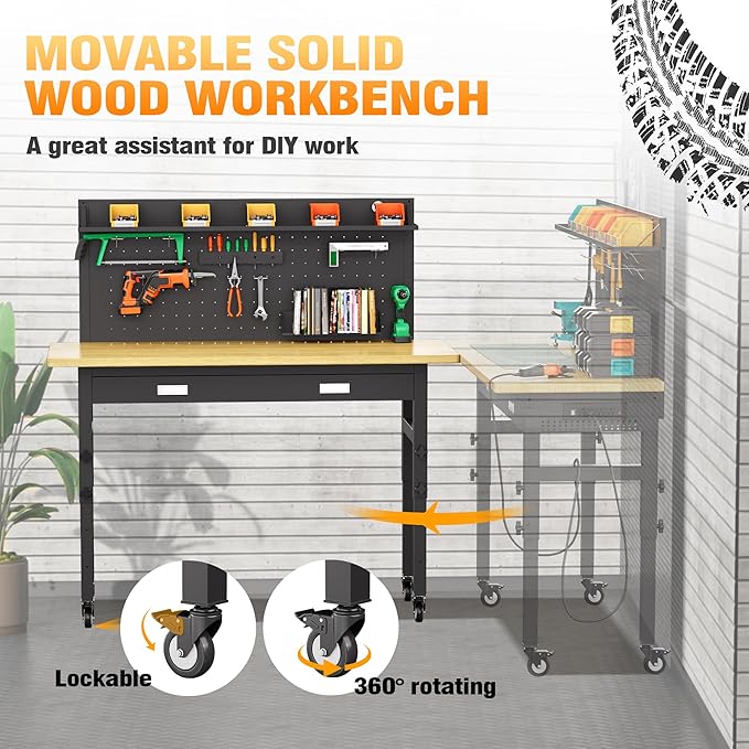 60" Heavy Duty Work Bench with Drawers, Adjustable Height 2000 Lbs Garage Workbench with Pegboard Pad & Power Outlets & Wheels, Mobile Tool Work Table for Workshop Woodworking Home Office