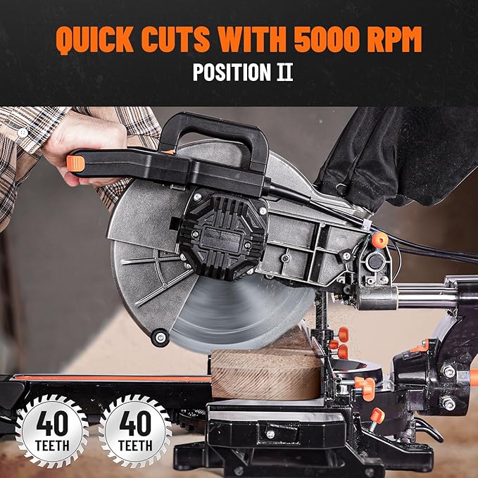Updated 10-Inch Sliding Miter Saw, Multi-Material Cutting w/ 3 x TCT Blades, Ambidextrous Operation, 5000/3200RPM Speed, Laser Guide, 0-45° Bevel Cut, Max Cut 3.5x13.4in, 9 Positive Stops