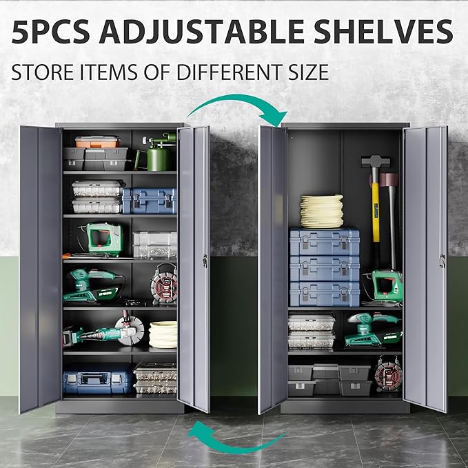 SISESOL Wide & Deep Metal Storage Cabinet with Lock & 5 Adjustable Shelves,72" Gray Garage Storage Cabinet with Locking Doors,Locking Metal Cabinets for Home,Office,Shop,Garage 72x36x18