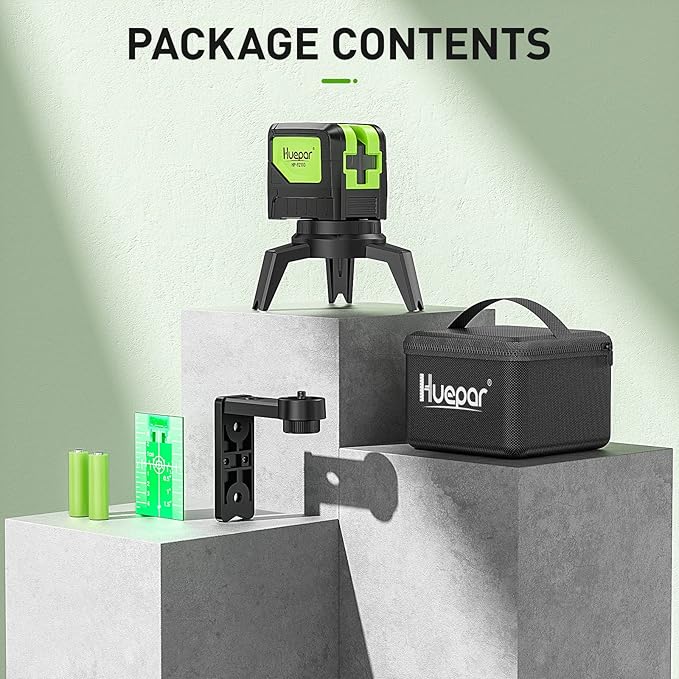 Laser Level with 2 Plumb Dots - Huepar 2 Plumb Points and 2 Cross Line Alignment Laser Level Tool with 180° Wide Angle, 2 In 1 Multi-Use Green Plumb Laser Self Leveling Laser Leveler - 9211G