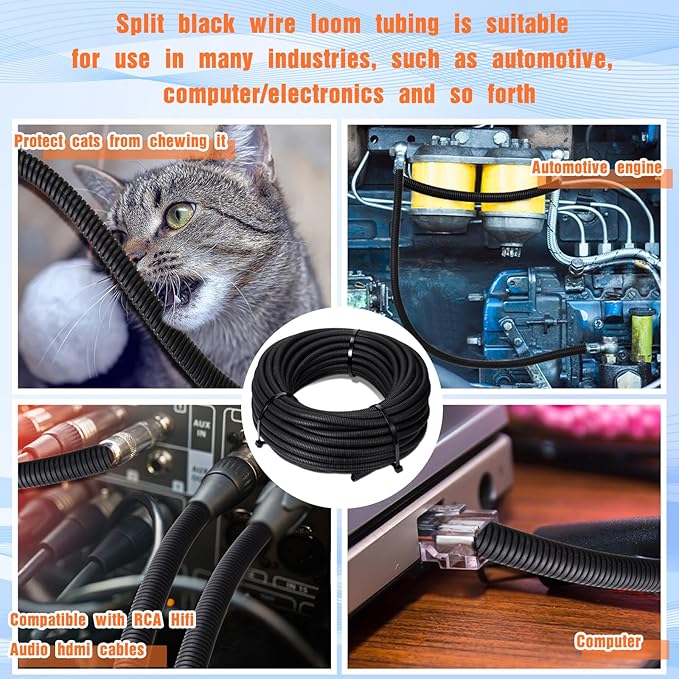 Sasylvia 3/8" X 500 ft Split Wire Loom Cord Protector Tubing Split Conduit Protector Tubing Convoluted Tube Flexible Electrical Wire Cover Protective Sleeves(Black)