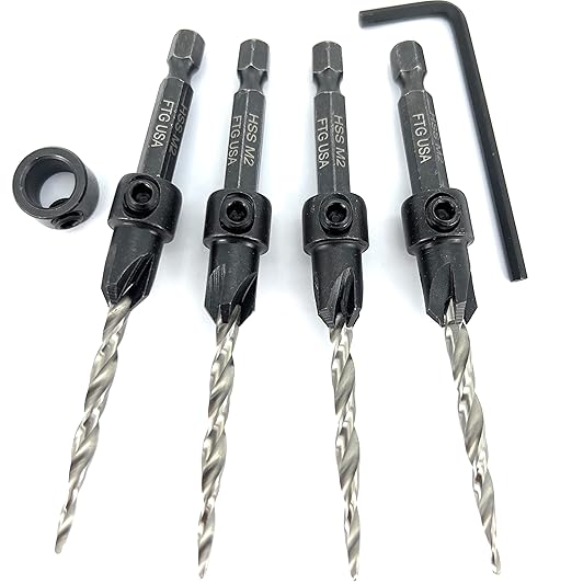 FTG USA Adjustable Wood Countersink Drill Bit Set 4 Pc #8 (11/64") with Tapered Drill Bit for Woodworking