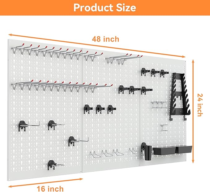 WALMANN Metal Pegboard Tool Organizer Boards with Pegboard Hooks, 24x48in Tools Organizer Pegboard for Garage, Workbench, Peg Board, Tool Storage Board with Hooks(Grey)
