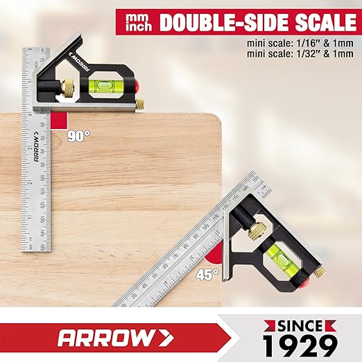 Arrow Combination Square, 6-Inch Combo Square with Stainless Steel Ruler, Zinc Alloy Body and Bubble Level for Carpenters and Craftsmen