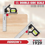Arrow Combination Square, 6-Inch Combo Square with Stainless Steel Ruler, Zinc Alloy Body and Bubble Level for Carpenters and Craftsmen