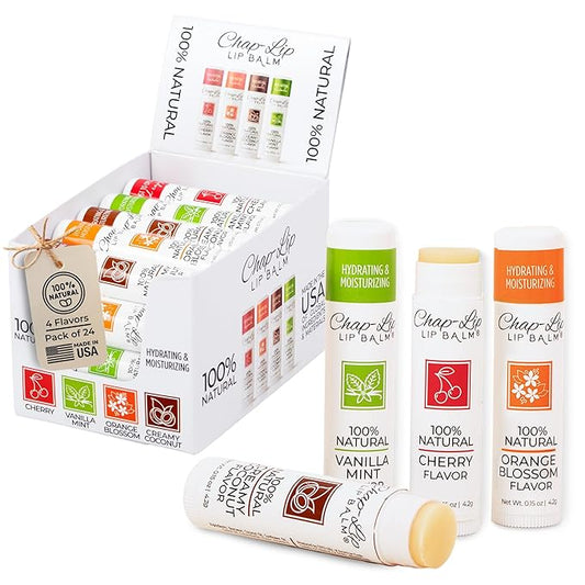 100% Natural Lip Balm Set - Hydrating and Moisturizing Beeswax Natural 4 Flavor Assortment - Lip Moisturizer for Dry Lips - Cocoa Butter - Petroleum Free Pack of 24-VeraVaultWomen