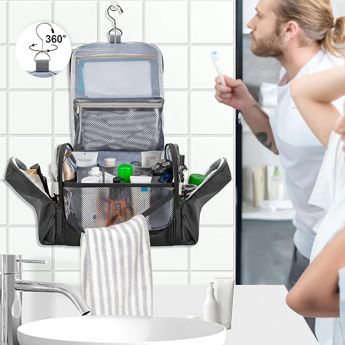 Hanging Toiletry Bag for Men, Tactical Dopp Kit Toiletry Travel Bag, Large Hygiene Organizer Shower Bag for Camping Outdoor, Black