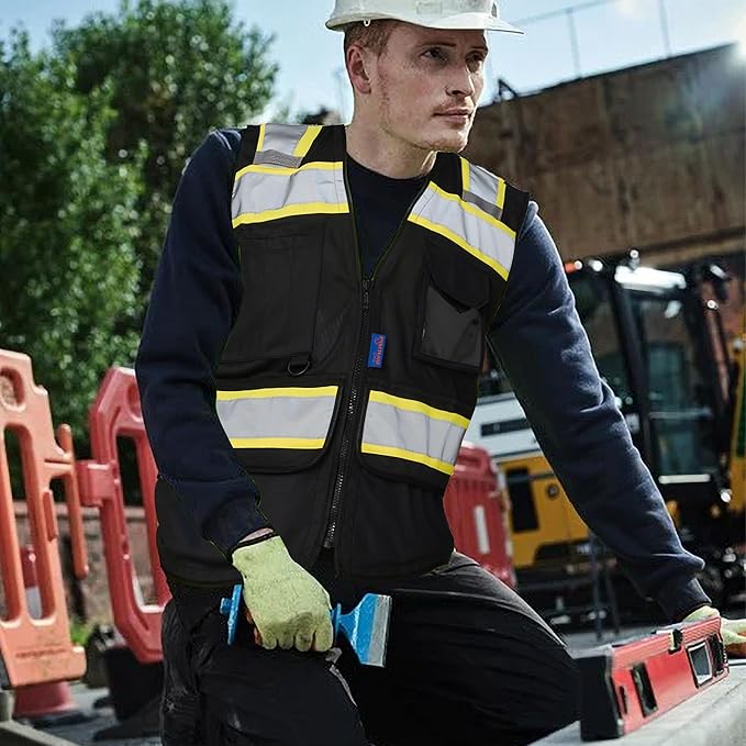 A-SAFETY High Vis Reflective Safety Vest for Men Women Zipper Ipad Pockets Mesh Construction Apparel Neon Vest for Work