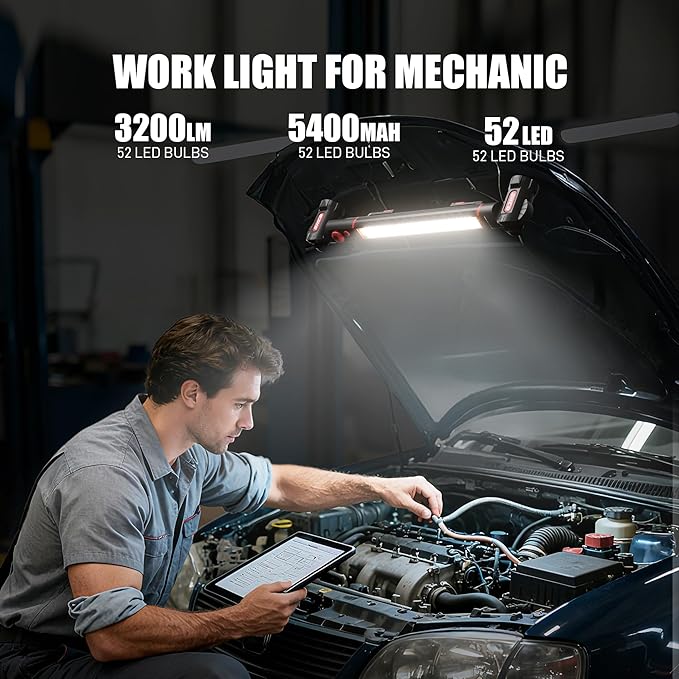 Work Light for Mechanics, 3300LM LED Work Light, 5200mAh Rechargeable Magnetic Work light, Underhood Work Light with Hooks, Cordless Portable Work Light for Car Repairing Garage Workshop and Emergency