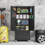 Aobabo 2 Large Drawer Metal Storage Cabinet with Wheels, Lockable Steel Storage Cabinet with 3 Adjustable Shelves and 6 Hooks for Home, Office, Garage, Classroom, Black, Assembly Required