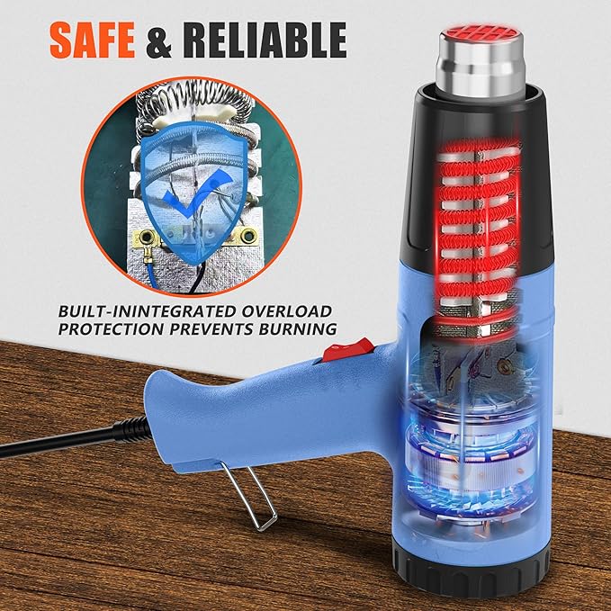 Heat Gun for Vinyl Wrap,Shrink Tubing,Paint,Epoxy Resin,Candle Making,Adjustable Temperature,Overload Protection Hot Air Gun Kit Nozzles(Side Temp Display + Stepless Temp Control)