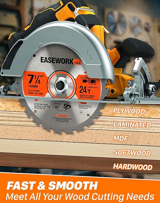 EASEWORK 7-1/4 Inch Circular Saw Blade, 24T, 40T, 60T, 5/8" Arbor, ATB Carbide Teeth, 3-Pack, Ideal for Softwood & Hardwood Crosscutting, Fits DEWALT DCS570B, DCS577B, DWA171424, Diablo D0740A