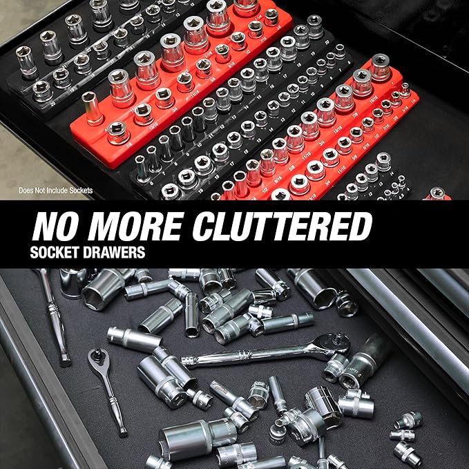 OEMTOOLS 22460 6 Pack Set Metric and SAE Magnetic Socket Tray Set, Red and Black Socket Organizers, 1/4, 3/8, 1/2 Inch Drive Socket Organizer Tray Set