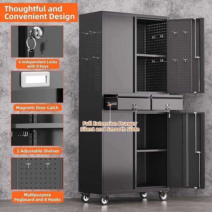 Aobabo Metal Storage Cabinet with Wheels and 2 Locking Drawers, Steel Rolling Tool Cabinet with 8 Hooks and 2 Adjustable Shelves for Garage, Home, Office, Kitchen, Assembly Required, Black