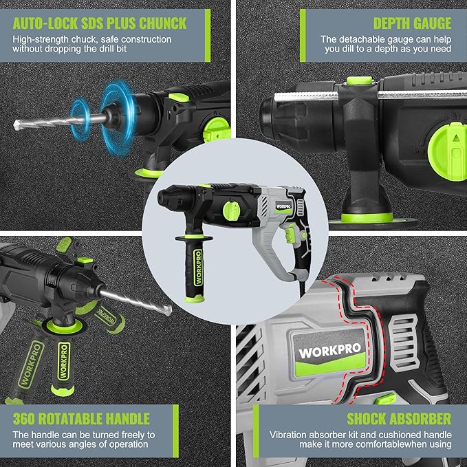 WORKPRO Premium 1-1/4 Inch SDS-Plus Rotary Hammer Drill, 7.5AMP, Lightweight Corded Version for Concrete Demolition Chipping Rotomartillo, 5 SDS-Plus Bits