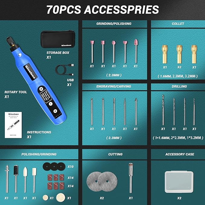 Cordless Rotary Tool, 5 Variable Speed Mini Rotary Tool Kit with 70 Accessories, 3.7V Type-C Charging Power Rotary Tool for Engraving, Sanding, Polishing, Carving, Cutting, DIY Crafts
