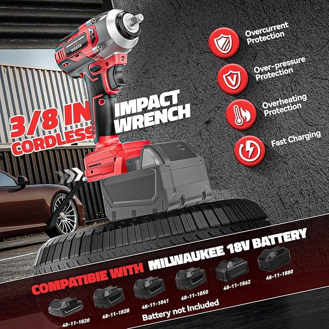 Cordless Impact Wrench Compatible with Milwaukee 18v Battery: 250Ft-lbs(340N.m) 3/8" Brushless Electric Impact Gun, 2400RPM High Torque Impact Driver, Power Impact Wrench, Bare Tool
