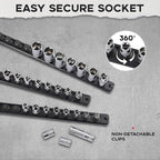 3-Piece Magnetic Socket Organizer, Heavy Duty Aluminum Socket Rails Organizer, 360° Swivel Clips Socket Holder Kit for Tool Box, 1/2, 3/8, 1/4-Inch Socket Holder x 40 Clips (Black)