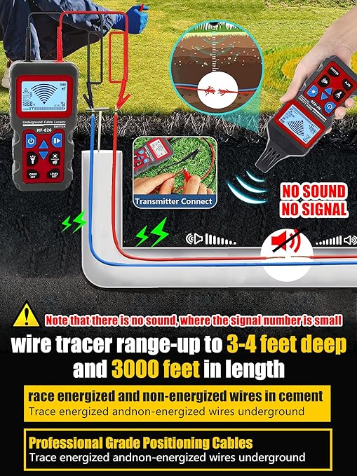NOYAFA nf-826 Underground Cable Locator, Wire Tracking Detector, Wall and Underground Pipeline Wire Detector. Fuse, Switch, Short Circuit Breaker Fault Finder/Rechargeable Underground Wire Detector