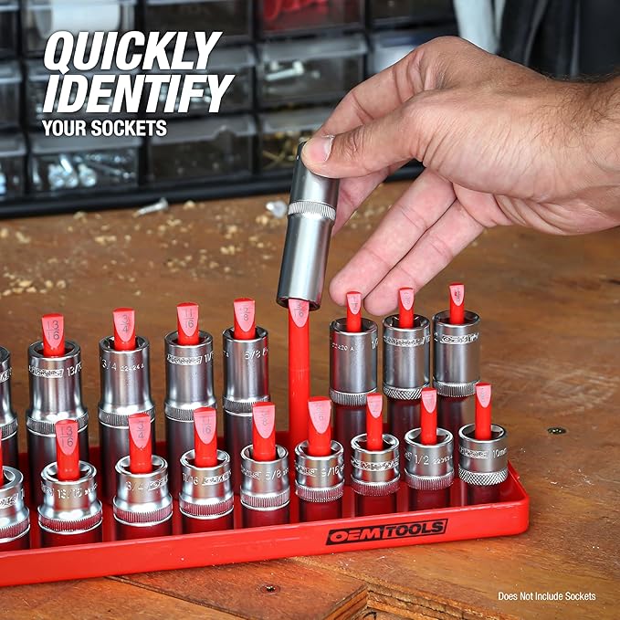 OEMTOOLS 22234 Socket Organizer, 6 Piece Socket Organizers, SAE and Metric, Socket Holders 1/4, 3/8, 1/2 Drive Sockets, Socket Holder for Toolbox, Red and Black