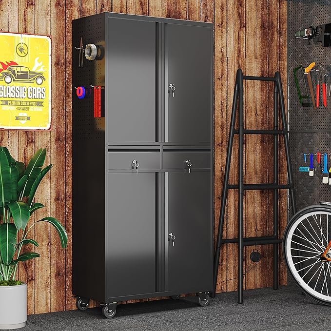 Aobabo Metal Storage Cabinet with Wheels and 2 Locking Drawers, Steel Rolling Tool Cabinet with 8 Hooks and 2 Adjustable Shelves for Garage, Home, Office, Kitchen, Assembly Required, Black