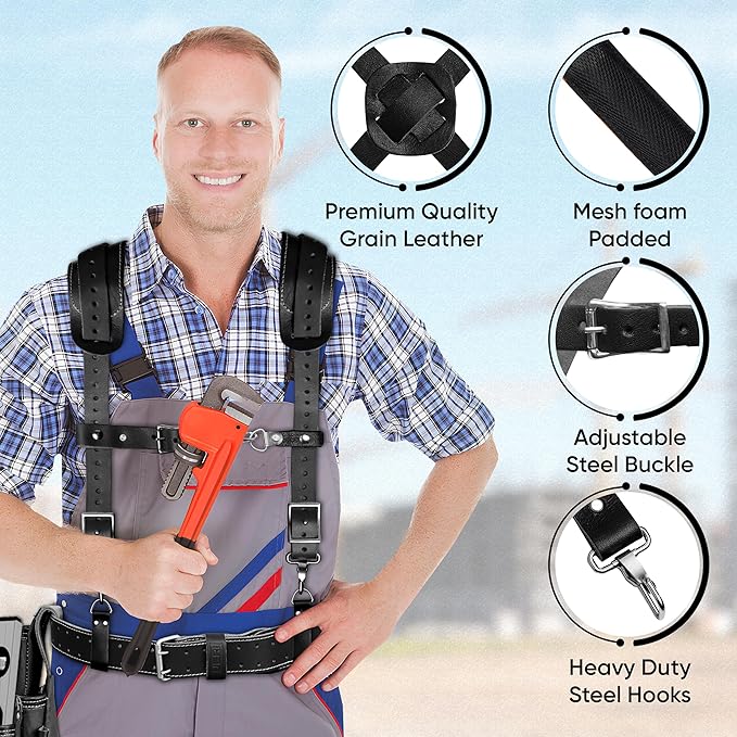 FUERI Leather Tool Belt with Suspenders Heavy Duty Bags Dual Hammer Holsters Tool Pouches for Men Construction Carpenters Electricians Framers Women Workers 16 Pockets