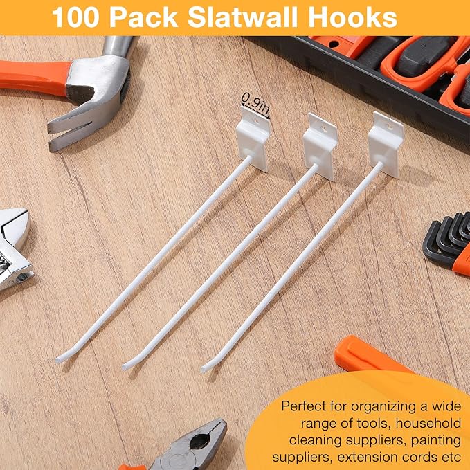 Moxweyeni 100 Pack Slatwall Hooks Slatwall Accessories Slat Wall Hanging Pegboard Hangers Slat Board Display Hooks for Retail Garage Organization Gridwall, White(7.8 Inch)