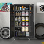 Aobabo 71" H×34" W×18" D Metal Storage Cabinet with Wheels, Locking Steel Storage Cabinet with 4 Hooks, 5 Shelves for Garage, Home Office, School, Assembly Required, Black