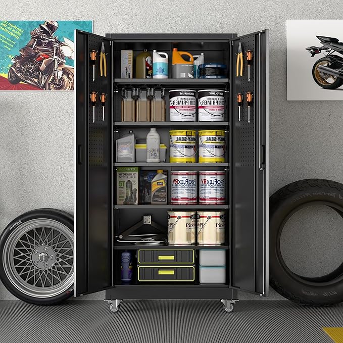 Aobabo 71" H×34" W×18" D Metal Storage Cabinet with Wheels, Locking Steel Storage Cabinet with 4 Hooks, 5 Shelves for Garage, Home Office, School, Assembly Required, Black