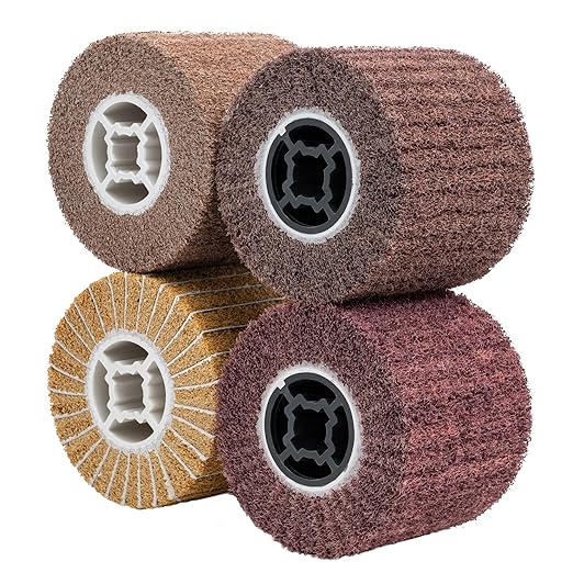 CXRCY 4 Pack Non-Woven Wire Drawing Flap Wheel for Polishing Burnishing Wheels, 120x100mm 80/120/120SP/180 Grit for Stainless Steel, Copper and More for Surface Conditioning Wheel