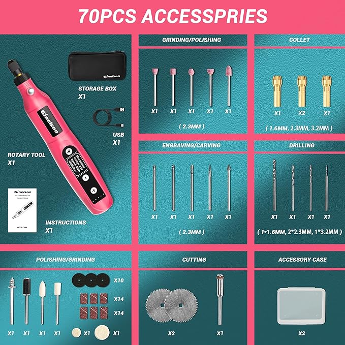 Cordless Rotary Tool, 5 Variable Speed Mini Rotary Tool Kit with 70 Accessories, 3.7V Type-C Charging Power Rotary Tool for Engraving, Sanding, Polishing, Carving, Cutting, DIY Crafts