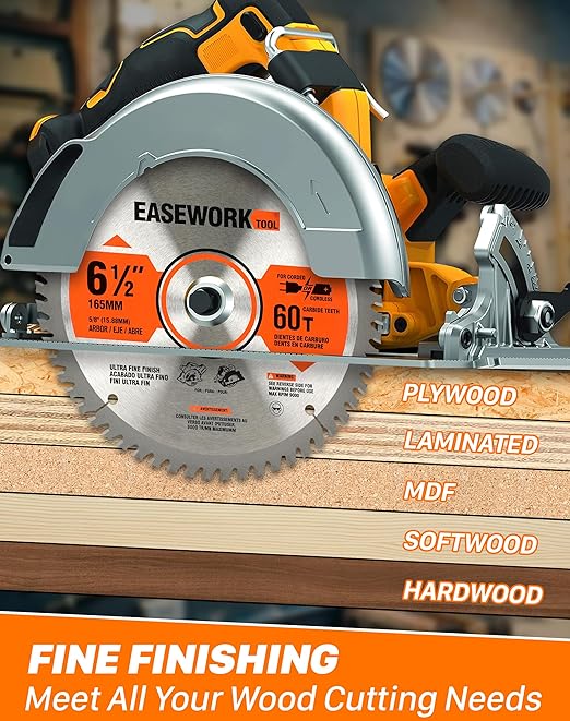 EASEWORK 6-1/2 Inch Circular Saw Blade, 60T, 5/8" Arbor, ATB Carbide Teeth, 3-Pack, Ultra-Fine Finishing for Softwood & Hardwood Crosscutting, Fits DEWALT DCS391B, DCS565B, Makita XSS02Z