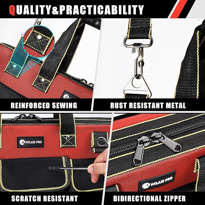 20 in Tool Bag For Men with Waterproof Molded Base, High Capacity Wide Mouth Tote, Construction Worker Electricians Tool Bags, Large Tool Bag Organizer for Men Women (Red)