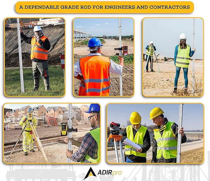 AdirPro 14-Foot Aluminum Grade Rod – 8ths, Dual Sided 5-Section Telescopic Leveling Rod – Bubble Level and Soft Carrying Case Included