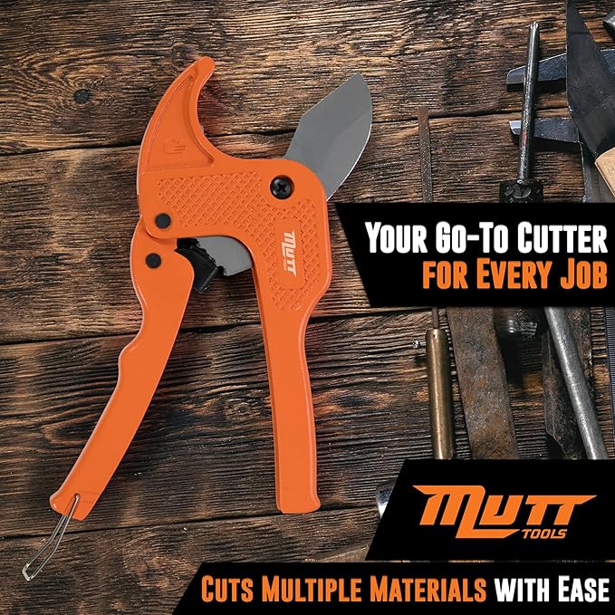 Mutt Tools Professional 1.5” PVC Pipe Cutter Tool - Heavy-Duty Ratcheting Plastic Pipe Cutter for PVC, CPVC, PEX – Cuts up to 1.5 Inch OD – Plumbing Cutting Tool for Home and Pro Use
