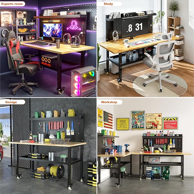 60" Heavy Duty Adjustable Workbench with Large Pegboard& Partition, Adjustable Work Table with Power Outlets & Lockable Wheels, Rubber Wood Workstation for Garage, Workshop, Office, Home, Commercial