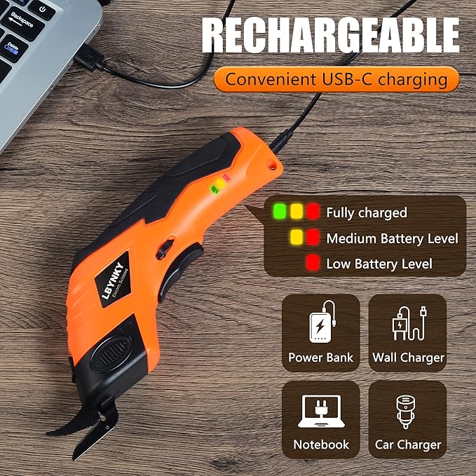 Cordless Electric Scissors, 3.6V Cardboard Cutter with 2 Blades, Rechargeable Electric Fabric Cutter with Safety Lock for Cutting Fabric Carpet Cardboard Leather (Orange)