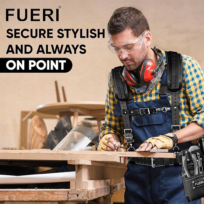 FUERI Leather Tool Belt with Suspenders Heavy Duty Bags Dual Hammer Holsters Tool Pouches for Men Construction Carpenters Electricians Framers Women Workers 16 Pockets