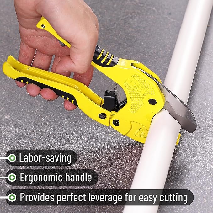 Bates- PVC Pipe Cutter, Cuts up to 1-5/8", Black & Yellow Ratcheting PVC Pipe Cutter Tool, Pipe Cutters PVC Pipe Shears, Plastic Pipe Cutter, PEX Pipe Cutter, PVC Cutter Tool, PVC Ratchet Cutter