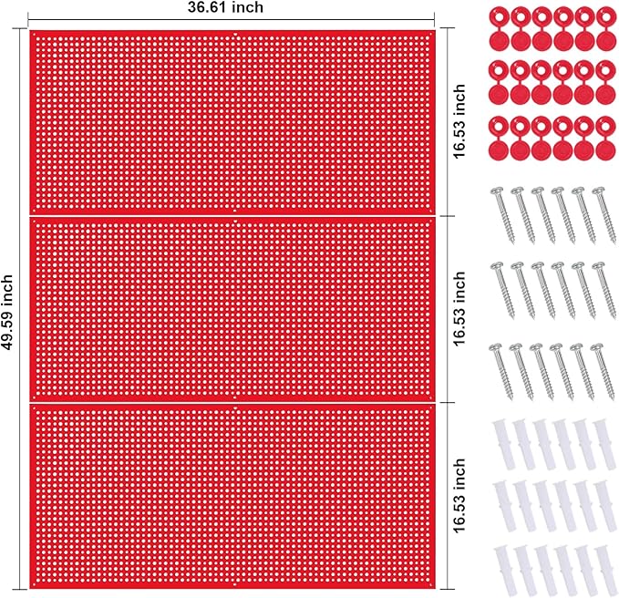 Pegboard Rack Garage Storage Steel Horizontal PegBoard Pack,Steel Pegboard Heavy Duty- 3 Pack 16-Inch X 36-Inch Metal Peg Board Tool Organization Panels (Red)