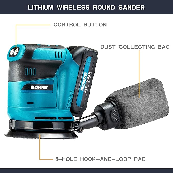 IRONFIST Brushless Random Orbital Sander, 6 Speeds Max 13500rpm, 5” Electric Sander Cordless 21V with Dust Collector and 23pcs accessories Included Battery and Charger