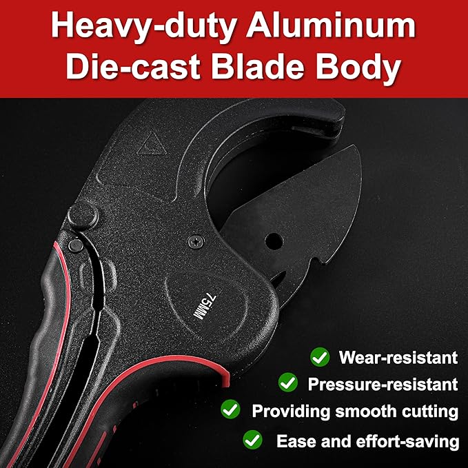 PVC Pipe Cutter Tool, Heavy-Duty PVC Pipe Cutter 3 Inch, 75mm Plastic Pipe Cutter with SK5 Blade and Aluminum Alloy Body, Ratcheting Pipe Cutter and PVC Cutters for PEX, PPR, Hoses and Plumbing Pipes