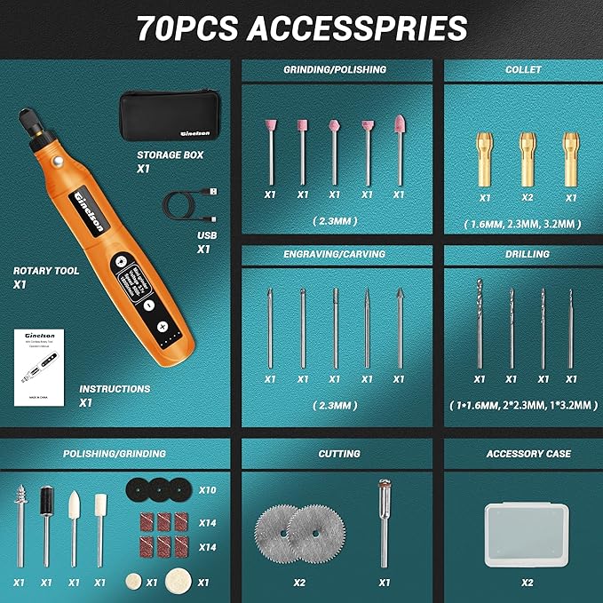 Cordless Rotary Tool, 5 Variable Speed Mini Rotary Tool Kit with 70 Accessories, 3.7V Type-C Charging Power Rotary Tool for Engraving, Sanding, Polishing, Carving, Cutting, DIY Crafts