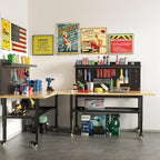 60" Heavy Duty Adjustable Workbench with Large Pegboard& Partition, Adjustable Work Table with Power Outlets & Lockable Wheels, Rubber Wood Workstation for Garage, Workshop, Office, Home, Commercial