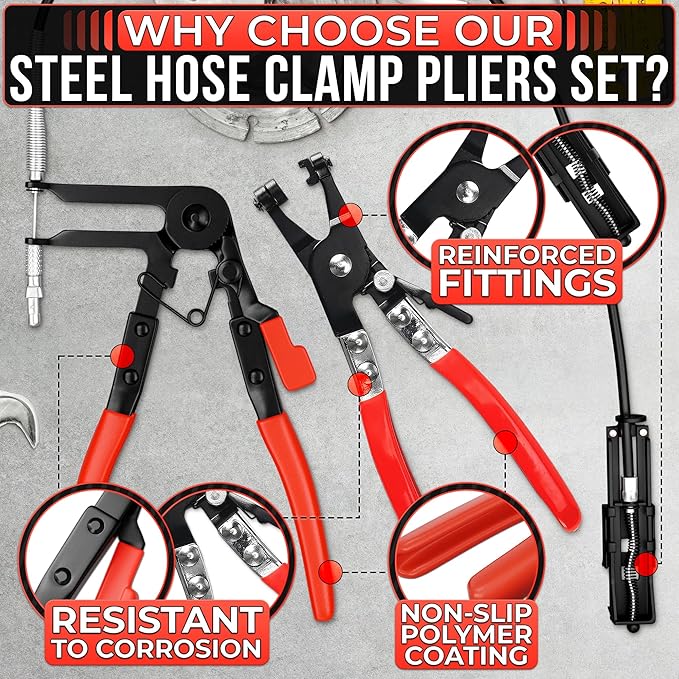 2 Pcs Radiator Hose Clamp Pliers Automotive Set – Heavy-Duty Radiator Hose Clamp Tool with Locking Mechanism – 8.2" & 8.6" Non-Slip Rubber Handles, Easy to Use | for Coolant, Fuel, Oil Hose Repairs