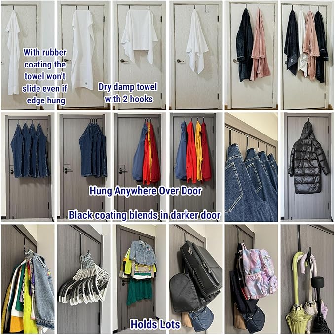 Over The Door Metal Hooks with Plastic Coating 5.5" Fit 0.5" to 1 3/8" Door 4 Pcs Heavy Duty Single Towel Robe Rack Wreath Bathroom Shower Hanger Shoe Organizer Ironing Board Short Black