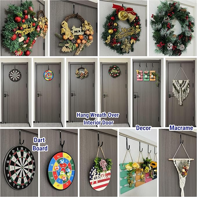 Over The Door Metal Hooks with Plastic Coating 5.5" Fit 0.5" to 1 3/8" Door 4 Pcs Heavy Duty Single Towel Robe Rack Wreath Bathroom Shower Hanger Shoe Organizer Ironing Board Short Black