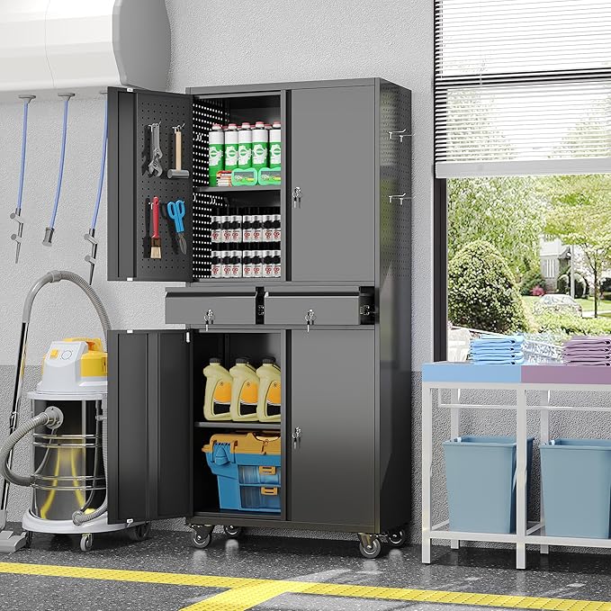 Aobabo Metal Storage Cabinet with Wheels and 2 Locking Drawers, Steel Rolling Tool Cabinet with 8 Hooks and 2 Adjustable Shelves for Garage, Home, Office, Kitchen, Assembly Required, Black