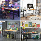 60" Adjustable Workbench on Wheels, 2000 LBS Heavy Duty Work Table with Power Outlets & Pegboard, Rubber Wood Workstation for Garage, Workshop, Office, Home, Commercial