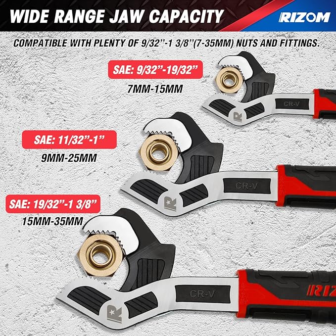 Rizom Pipe Wrench Set, 6” 8” 10” Self Adjusting Wrench, Plumbers Wrench with Self Tightening Function for 9/32”-1 3/8” (7-35mm) Pipe Fittings and Nuts